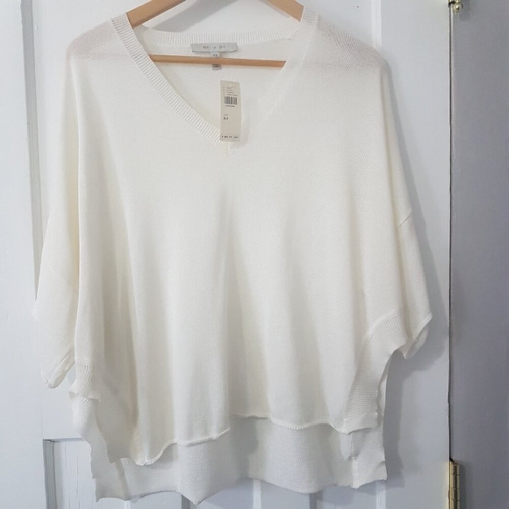 Eri + Ali Anthropologie V Neck Flowy Boho Top Ivory Sz XS NWT